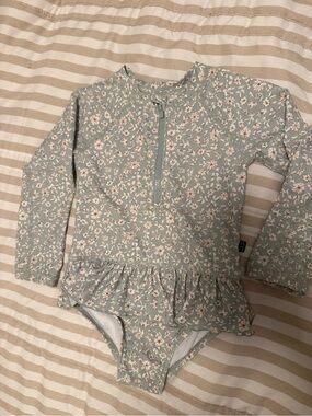 Girls Sage Green Floral Long-Sleeve Rashguard One-Piece